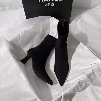 Зимние женские ботильоны из эластичной ткани, сексуальные короткие ботильоны с острым носком, модные вечерние носки на высоком каблуке 34 чёрный