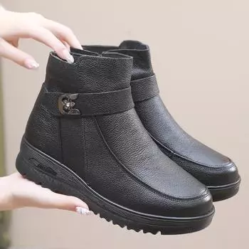 Зимние женские ботильоны из натуральной кожи, женские теплые зимние сапоги из толстой шерсти, водонепроницаемые нескользящие ботинки для мам 35 чёрный