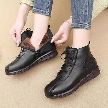 Зимние женские ботильоны из натуральной кожи, мягкие теплые повседневные зимние ботинки для мам, водонепроницаемые нескользящие ботинки, бесплатная доставка 35 чёрный