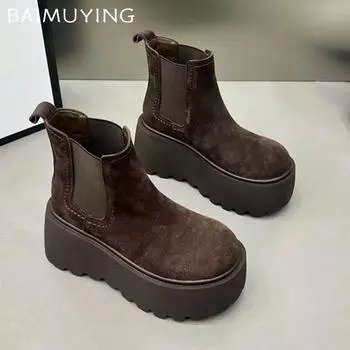 Зимние женские ботильоны из замши на среднем каблуке, дизайнерские ботинки на платформе, тренд 2025 года, новый бренд, прогулочные готические ботинки для женщин 40 коричневый