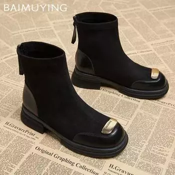 Зимние женские ботильоны из замши на среднем каблуке, дизайнерская обувь, массивные модные мотоциклетные ботинки, тренд 2024 года, гладиаторские ботинки для женщин 35 чёрный