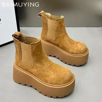 Зимние женские ботильоны из замши на среднем каблуке, дизайнерские ботинки на платформе, тренд 2025 года, новый бренд, прогулочные готические ботинки для женщин 40 коричневый