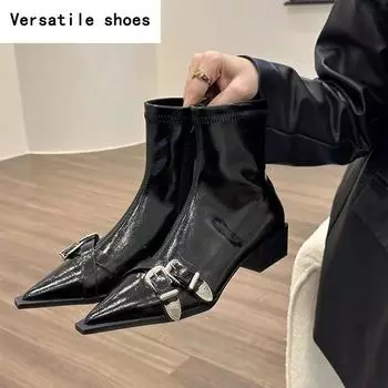 Зимние женские ботильоны, модные, с острым носком, короткие, элегантные, с квадратным низким каблуком, с металлическим украшением, женская обувь 35