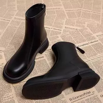 Зимние женские ботильоны на низком каблуке с круглым носком, квадратные модные ботинки из искусственной кожи, однотонные, с застежкой-молнией сзади, повседневные простые женские туфли 35