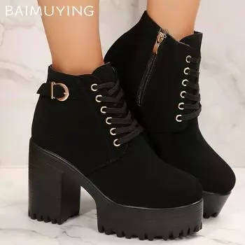 Зимние женские ботильоны на платформе из замши со шнуровкой, дизайнерские туфли на высоком каблуке 2025 года, трендовые зимние туфли-лодочки на толстом каблуке в готическом стиле Botas De Mujer 35 чёрный