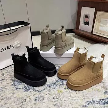 Зимние женские ботильоны на платформе из искусственного меха, женские плюшевые теплые туфли «Челси», женские повседневные элегантные зимние ботинки на плоской подошве, мокасины 35 чёрный