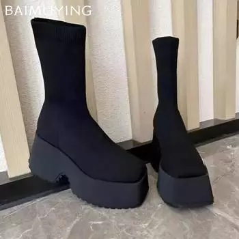 Зимние женские ботильоны на платформе, модные туфли на высоком каблуке, дизайнерские новые брендовые туфли 2025 года в готическом стиле на массивных каблуках Botas De Mujer 36 чёрный