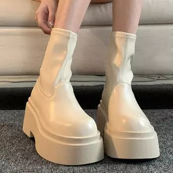 Зимние женские ботильоны на платформе, современные модные короткие ботильоны без застежек, лаконичные туфли на квадратном каблуке 38