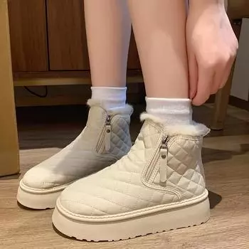 Зимние женские ботильоны на плоской подошве, короткие, плюшевые, повседневные, хлопковые, на платформе, модные, теплые, удобные, нескользящие 35 бежевый