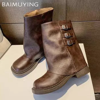 Зимние женские ботильоны на толстой подошве из кожи, модные туфли на среднем каблуке 2025 года, дизайнерские туфли-лодочки-гладиаторы для мотоциклистов, женские ботинки 35 коричневый
