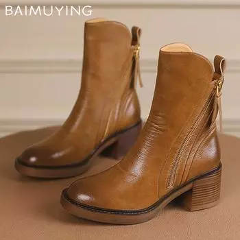 Зимние женские ботильоны на толстой подошве, дизайнерские туфли на молнии на среднем каблуке 2025 года, модные классические кожаные туфли-лодочки для мотоциклистов Botas De Mujer 34 чёрный