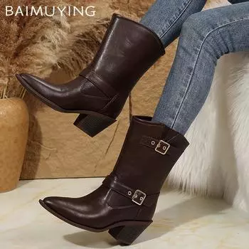 Зимние женские ботильоны на толстой подошве с острым носком, дизайнерские кожаные туфли на среднем каблуке в стиле ретро 2025 года, классические туфли-лодочки в готическом стиле Botas De Mujer 36 чёрный