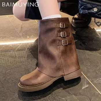 Зимние женские ботильоны на толстой подошве из кожи, модные туфли на среднем каблуке 2025 года, дизайнерские туфли-лодочки-гладиаторы для мотоциклистов, женские ботинки 35 коричневый
