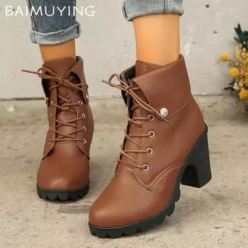 Зимние женские ботильоны на толстом каблуке со шнуровкой, дизайнерская обувь в стиле ретро, новый бренд 2025 года, модные кожаные туфли-лодочки в готическом стиле Botas Mujer 35 коричневый
