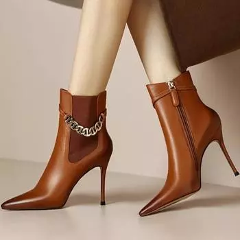 Зимние женские ботильоны на высоком каблуке с цепочкой, элегантные туфли с острым носком, женские туфли 2025 года, модные вечерние сексуальные туфли-лодочки Chelsea Botas Mujer 34 чёрный