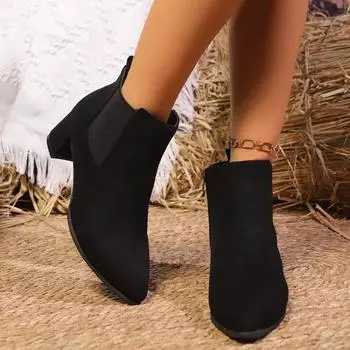 Зимние женские ботильоны, распродажа 2025 года, новые женские сексуальные заостренные носки, классические однотонные замшевые модные ботинки на толстом каблуке 35 чёрный