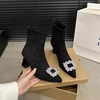 Зимние женские ботильоны с нескользящей молнией сзади 2024 года, горячая распродажа, новые однотонные модные туфли с острым носком и стразами для женщин 35 чёрный