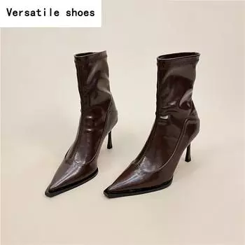 Зимние женские ботильоны с острым носком, модные короткие ботильоны без застежек, женские туфли для стриптиза на тонком высоком каблуке 35