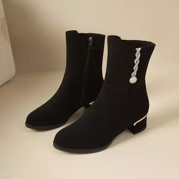 Зимние женские ботильоны со стразами, новые, с боковой молнией 2024 года, горячая распродажа, модные, толстые, с женской обувью Botines Mujer 35 чёрный