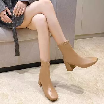 Зимние женские ботильоны, туфли на высоком каблуке с квадратным носком, короткие ботинки, теплые туфли на плоской подошве с молнией сзади, Botas Mujer, размер 35–42 35 бежевый