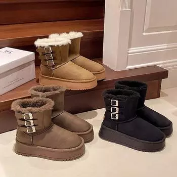Зимние женские ботинки 2024 года из бархата с утолщенным мехом, интегрированная платформа, хлебные ботинки, средние ботинки с трубчатым ремнем из хлопка 35 хаки