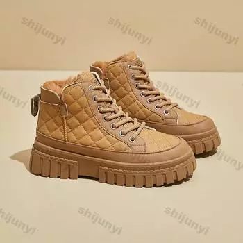 Зимние женские ботинки 2024 года, мягкие, теплые, удобные, нескользящие, со шнуровкой, новые ботильоны, повседневные, на платформе, для студентов, для отдыха на природе, зимние ботинки 35 бежевый