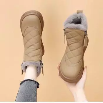 Зимние женские ботинки 2024 года, новые зимние бархатные теплые нескользящие короткие ботинки, северо-восточные большие хлопковые утолщенные ботинки с мягкой подошвой из хлопка 35 хаки