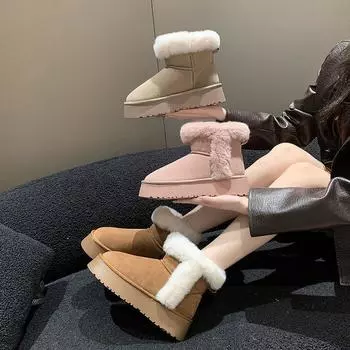 Зимние женские ботинки 2024 года с начесом и утолщенным мехом, теплые пушистые ботинки на толстой подошве, большие хлопковые ботинки Northeast 35 малиновый