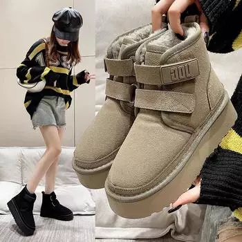 Зимние женские ботинки для отдыха на открытом воздухе, женские плюшевые теплые ботинки, классические ботильоны из коровьей замши с мехом и петлями на плоской подошве 35 чёрный