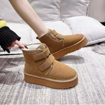 Зимние женские ботинки для отдыха на открытом воздухе, женские теплые плюшевые туфли, классические ботинки на ультраплатформе из коровьей замши с мехом и липучкой 35 каштановый