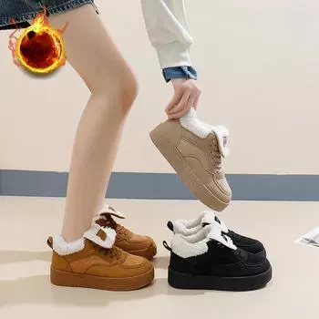 Зимние женские ботинки для снега с подкладкой из искусственного меха, нескользящая платформа, теплые плюшевые короткие ботинки с подкладкой из флиса, женские кроссовки для ходьбы из искусственной замши 35 чёрный