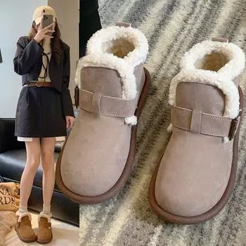 Зимние женские ботинки для снега, короткие бархатные ботинки в стиле ретро с плоской подошвой, утолщенные хлопковые ботинки с мехом 35 хаки