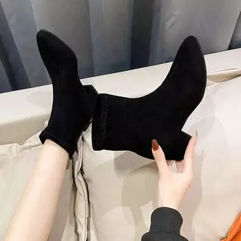 Зимние женские ботинки для женщин, ботинки martin, сохраняющие тепло, ботильоны на толстом каблуке, на молнии, женская зимняя обувь, узкие ботинки с острым носком 42 чёрный