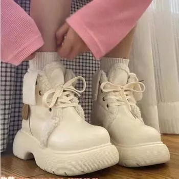 Зимние женские ботинки для зимы 2024 года, новые туфли в стиле колледжа, маленькие кожаные туфли, бархатные ботинки Martin, толстая подошва, теплые, большие, уродливые, милые, хлопковые туфли 35