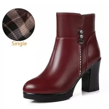 Зимние женские ботинки из натуральной кожи, теплые ботильоны на высоком каблуке, женские теплые зимние сапоги из толстой шерсти, элегантные высокие каблуки 2025 34