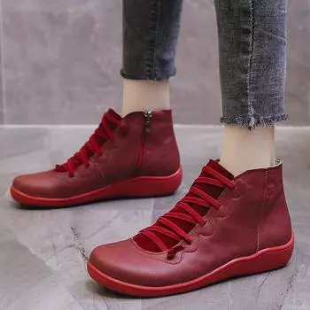 Зимние женские ботинки из натуральной кожи, весенние туфли на плоской подошве, короткие винтажные ботинки с мехом 2024 для женщин, ботинки на шнуровке 35 чёрный