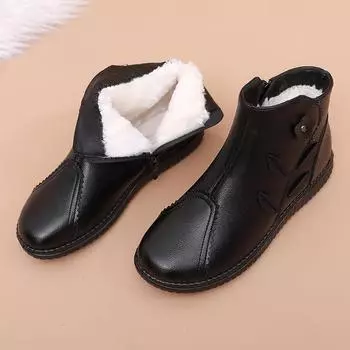 Зимние женские ботинки из натуральной кожи, черные ботильоны на плоской подошве, женские теплые меховые повседневные зимние ботинки для мам, водонепроницаемые нескользящие ботинки 35 чёрный