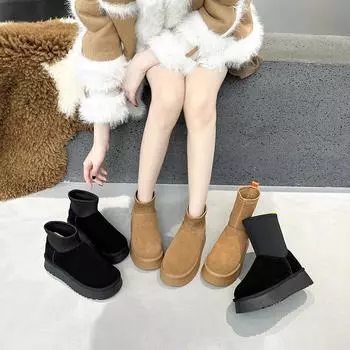 Зимние женские ботинки из натуральной кожи на толстой подошве 2024 года - короткие из бархата и северо-восточного хлопка для студентов high top; 35 чёрный