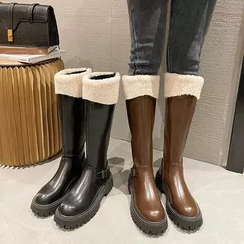Зимние женские ботинки, модные теплые зимние сапоги из искусственной кожи, женская обувь до колена на молнии, с круглым носком, Zapatos Mujer, плюшевые два цвета 35 чёрный
