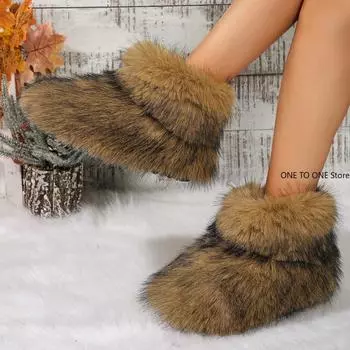 Зимние женские ботинки на пушистом искусственном лисьем меху, женские плюшевые теплые зимние ботинки, роскошная обувь для девочек, ботинки на меховом меху, модная зимняя обувь 36 чёрный