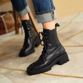 Зимние женские ботинки на шнуровке из натуральной кожи, модные ботильоны на массивном каблуке с квадратным носком, обувь на платформе, женская обувь с перекрестной шнуровкой 38 бежевый