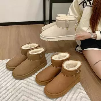 Зимние женские ботинки на толстой подошве 2024 года из бархата с утолщенной подошвой и одной педалью, короткие кожаные ботинки Northeast Large из хлопка 35 бежевый