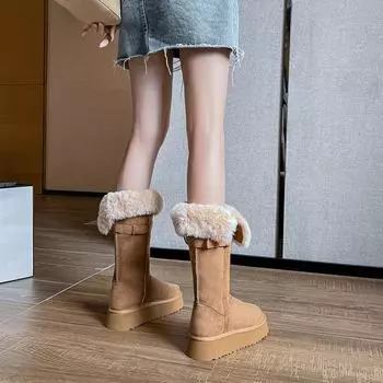 Зимние женские ботинки на толстой подошве из утолщенного бархата 2025 года, новые модные универсальные теплые ботинки Martin с пряжкой на ремне средней высоты 35 хаки