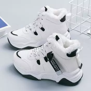 Зимние женские ботинки, новинка 2024 года, модная спортивная обувь на шнуровке, корейская женская теплая хлопковая повседневная обувь с высоким берцем 35