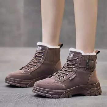 Зимние женские ботинки, теплые флисовые ботинки на толстой подошве, модные и удобные повседневные ботинки 35 коричневый