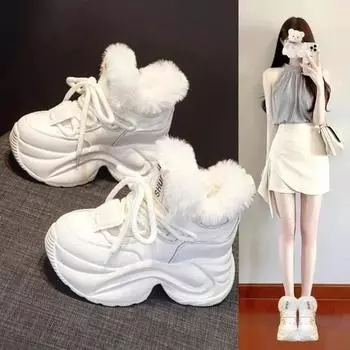 Зимние женские ботинки, теплые, увеличивают высоту, предотвращают скольжение, уличные зимние ботинки, удобные, плюшевые, новые, высокие, на шнуровке, кроссовки 35 чёрный