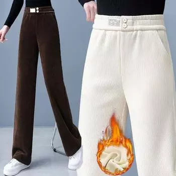 Зимние женские брюки прямого покроя в стиле ретро, шикарные плюшевые брюки с высокой талией, женские универсальные термоутепленные брюки-слаксы S бежевый