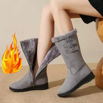 Зимние женские черные ботинки до середины голени, классические ботинки на низком каблуке, танкетке, с боковой молнией, длинные ботинки для активного отдыха, снегоступы с плюшевой подкладкой 35 чёрный