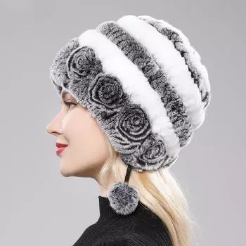 Зимние женские цветочные полосатые натуральные шапки из натурального меха кролика рекс женские теплые вязаные шапки из натурального меха русские уличные меховые шапки 55-60cm серый/белый