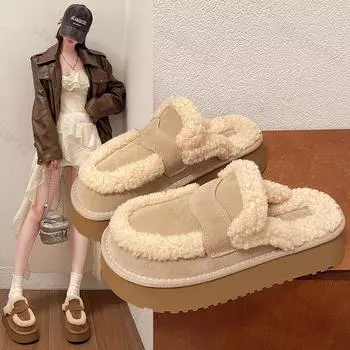 Зимние женские дизайнерские меховые тапочки теплые ботинки шлепанцы на платформе 2024 новые короткие плюшевые балетки домашняя хлопковая обувь женские замшевые мюли 35 коричневый